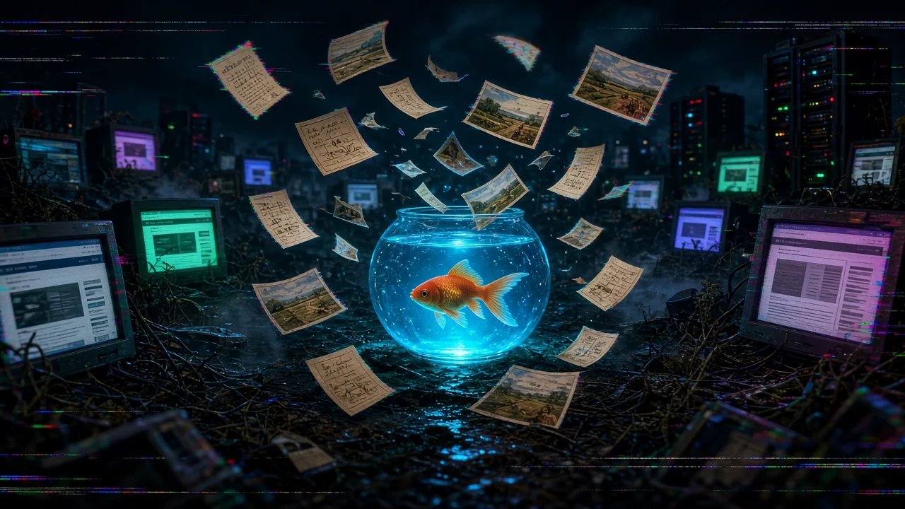 An orange goldfish in a glowing glass bowl sits in a dark graveyard of old monitors and server racks while recipe cards and countryside postcards swirl into the bowl, lit in neon cyan, green, and magenta with VHS glitch bars.