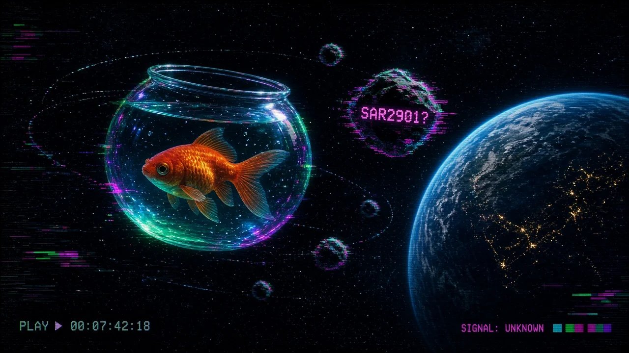 An orange goldfish in a glowing glass bowl floats in Earth orbit while tiny glitching moonlets circle it; one rock is labeled SAR2901? in magenta, with neon cyan and VHS scan lines over a dark night-side Earth.