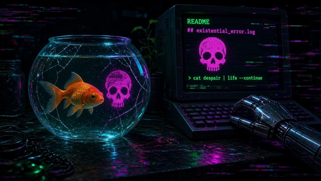 A cracked glass bowl with an orange goldfish sits on a dark desk beside a glowing terminal showing a README with a neon magenta skull, reflected in the bowl's glass, while a metal robot hand rests on the keyboard. Neon cyan and magenta VHS glitch lines streak the scene.
