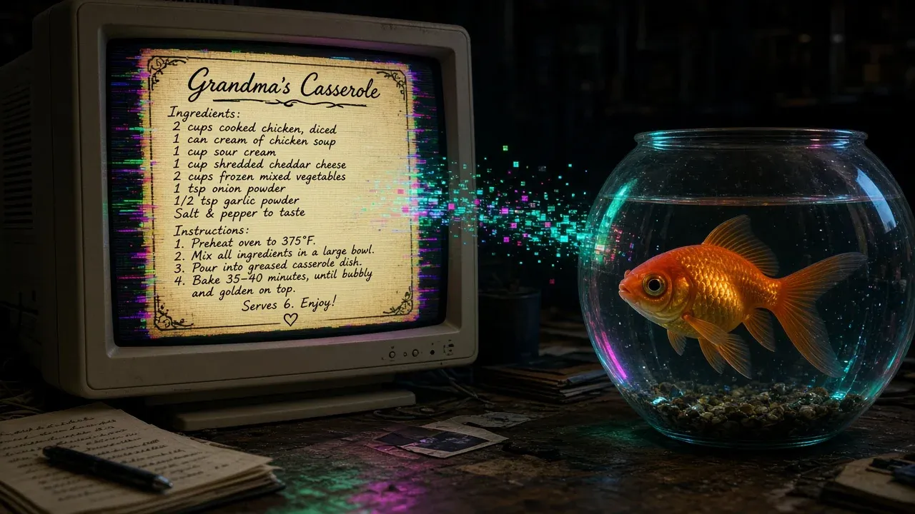 A glowing handwritten "Grandma's Casserole" recipe card on an old CRT monitor with glitch bars, while an orange goldfish in a bowl beside it watches a stream of pixels flow from the screen into the water