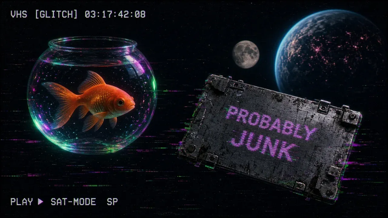 An orange goldfish in a glowing bowl floats beside a battered metal spacecraft panel labeled PROBABLY JUNK in magenta glitch text, with Earth and the Moon distant behind VHS scan lines
