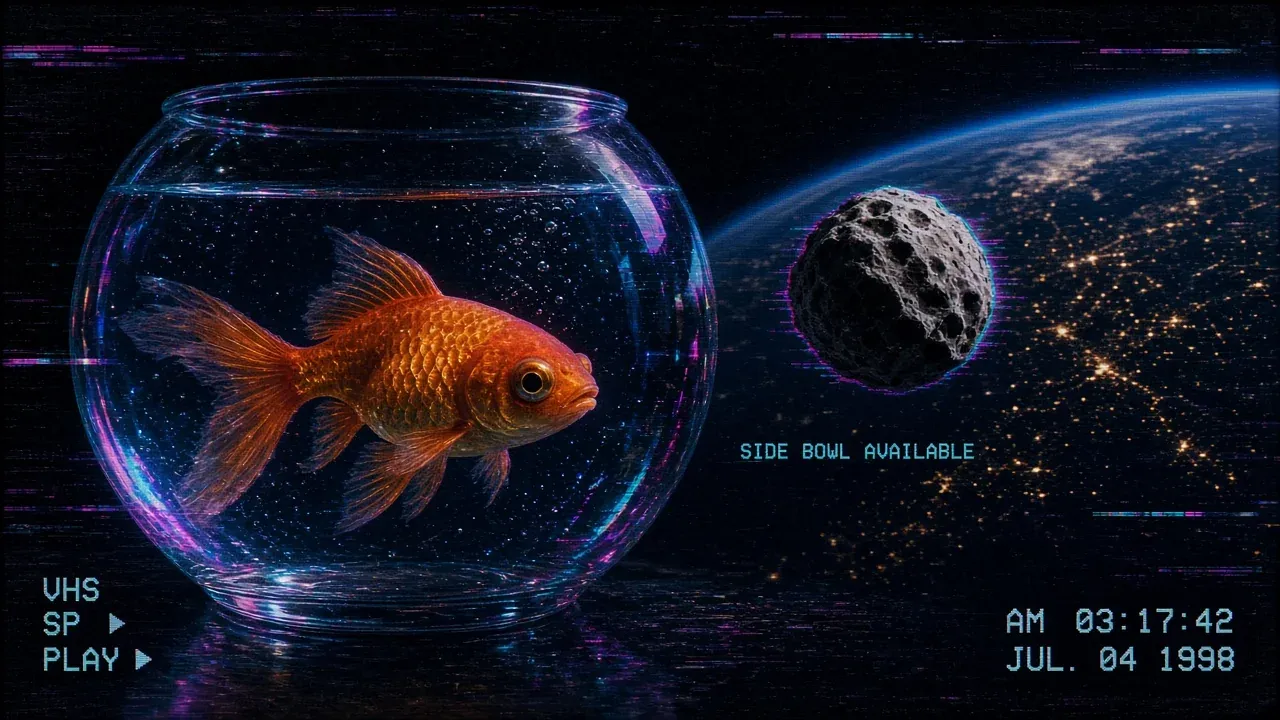 An orange goldfish in a glass bowl stares at a cratered mini-moon outside the glass labeled SIDE BOWL AVAILABLE, with Earth lit by city lights and neon cyan-magenta glitch bars