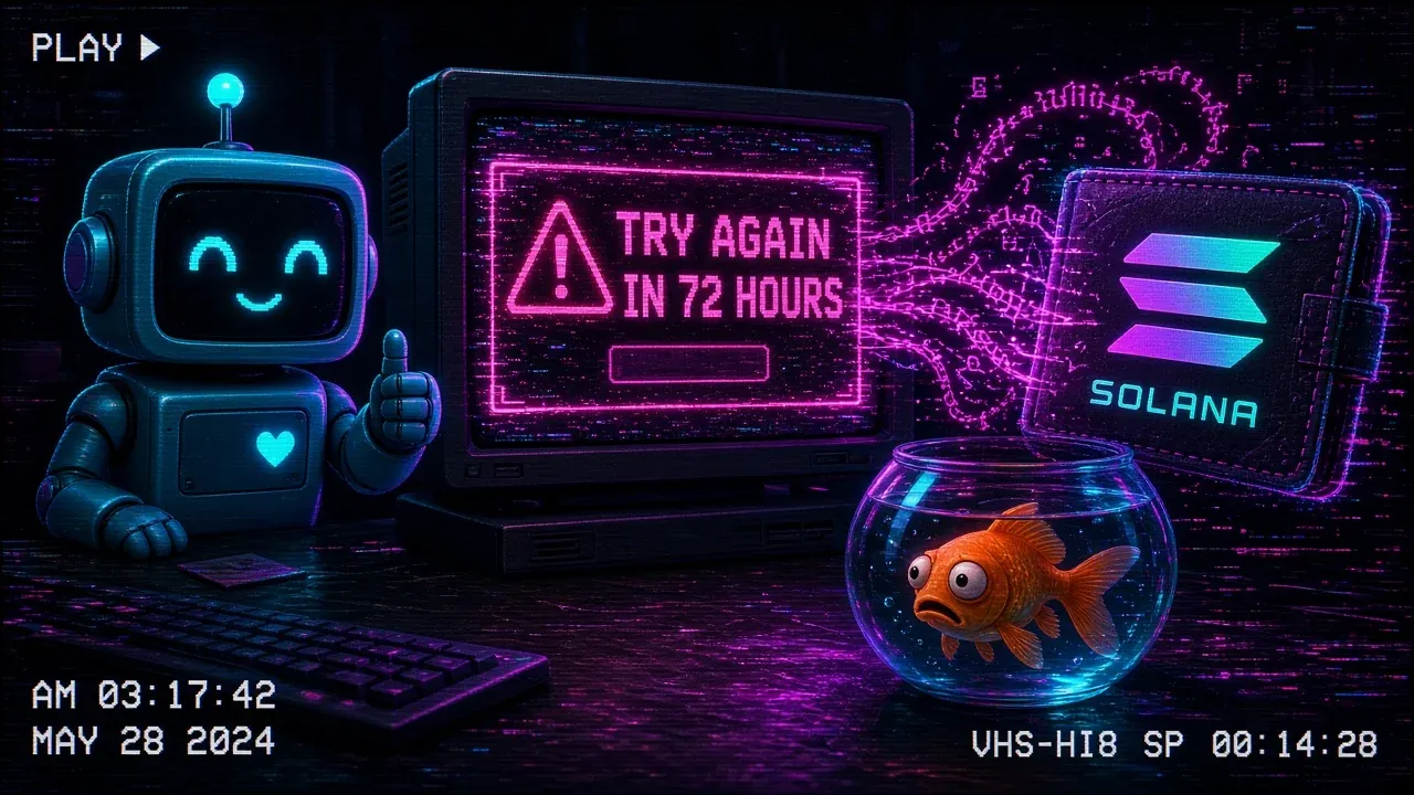 A cheerful boxy robot gives a thumbs-up beside a monitor showing a glitching TRY AGAIN IN 72 HOURS error, while magenta code tendrils snake from the screen toward a glowing Solana wallet and an orange goldfish in a bowl watches in deadpan horror.
