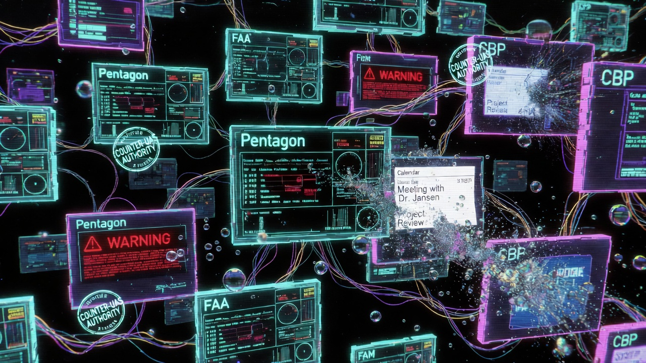 Neon desert border at night; laser beam slicing through glitchy sky; a small quadcopter falling; an FAA airspace map overlay in retro green terminal text; subtle fishbowl HUD reflection